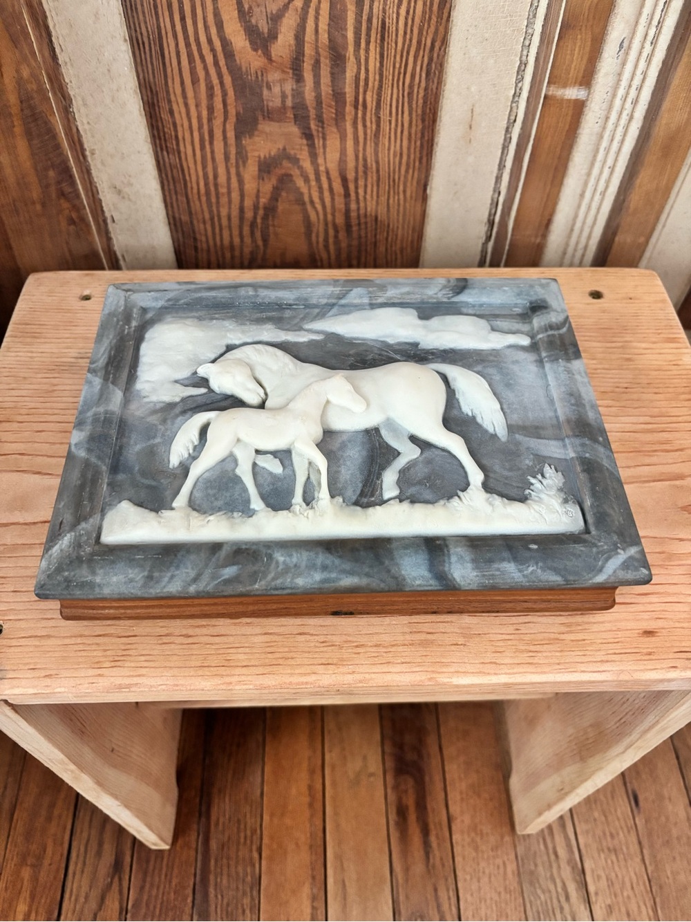 Vintage Dante Mare and Colt Incolay Jewelry Box-Walnut-Blue/Grey